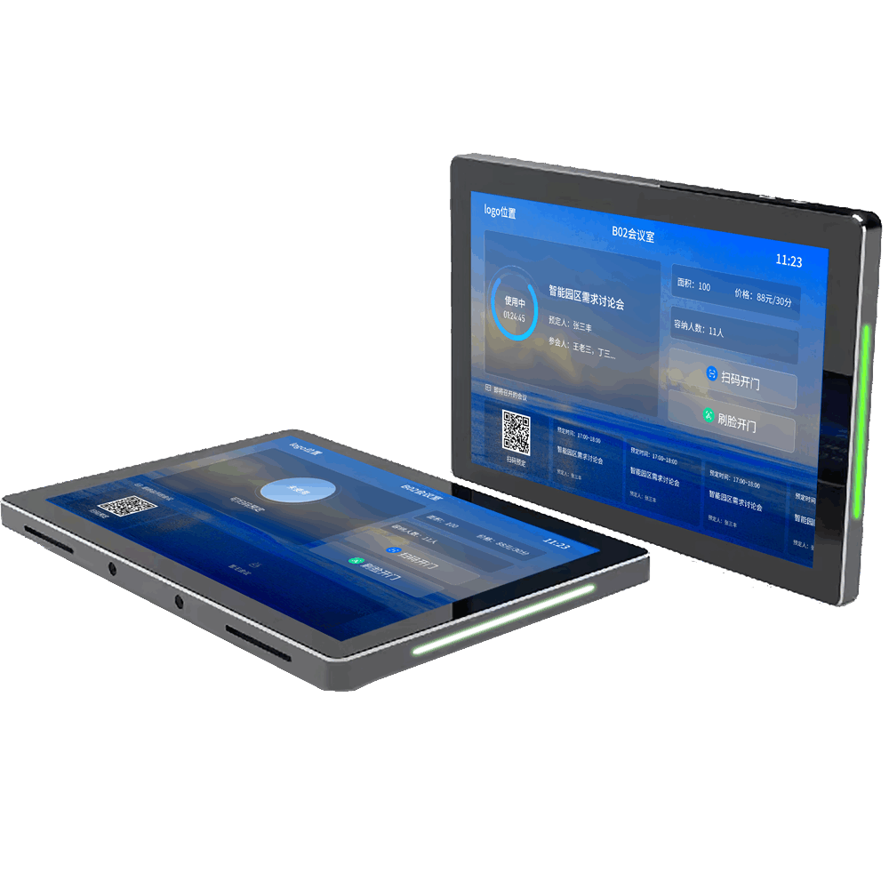 關鍵詞:會議室預約屏橫;描述:1.會議預約信息顯示，包含會議室名稱、容納人數、面積、會議主題、預約人、參會時間、近期會議預定信息等。
								2.支持IC卡刷卡、人臉識別、二維碼聯動門禁。
								3.支持根據會議室狀態LED燈帶變色。