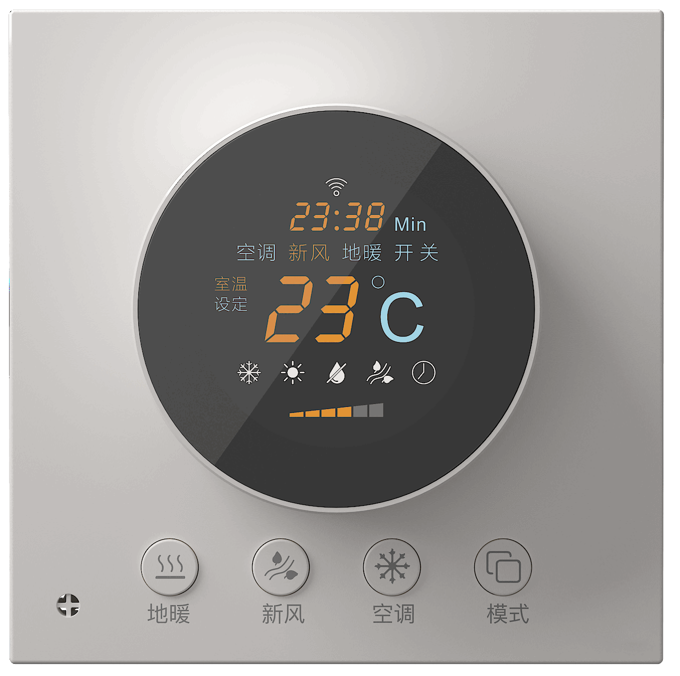 關鍵詞:水冷機空調控制面板;描述:1.具備遠程控制、開關控制、模式控制、溫度控制、風速控制、風向控制等
								2.對空調、新風、地暖、除濕功能三合為一管控。