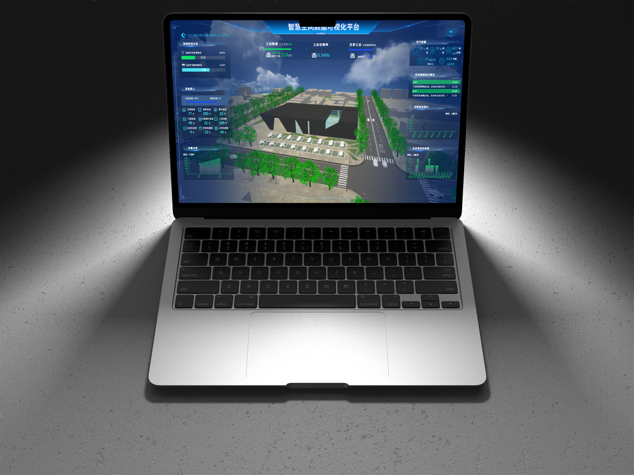 關鍵詞：智慧空間數據可視化、低碳空間管控、數字化低碳場景、智能低碳監測
                  描述：筆記本呈現的智慧空間數據可視化平臺，以三維場景融合低碳數據監測，實現空間低碳狀態的直觀展示與智能管控，助力綠色低碳空間的數字化運營。